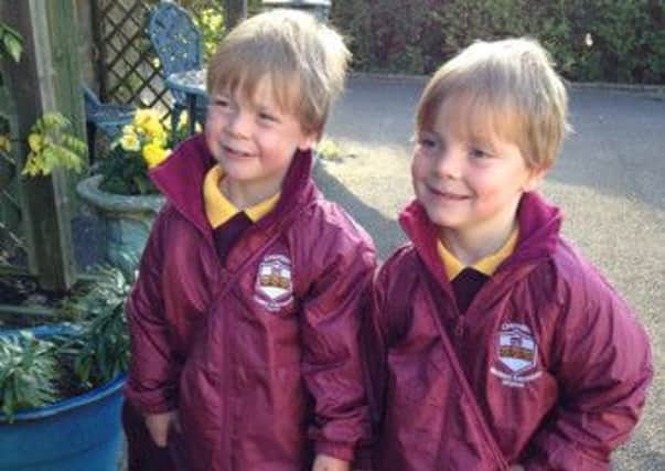William and George Braithwaite (aged 4) starting in reception class at Brabins Endowed Primary School, Chipping. (s)