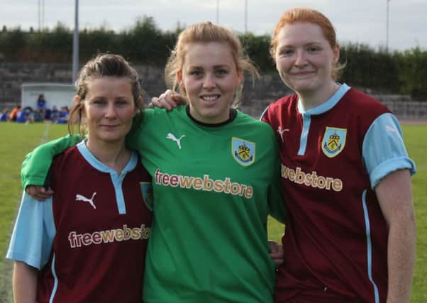 Star performers: Goalscorers Jane Sexton and Becky Hayton flank keeper Sophie Valentine. Picture - Jenny Morton