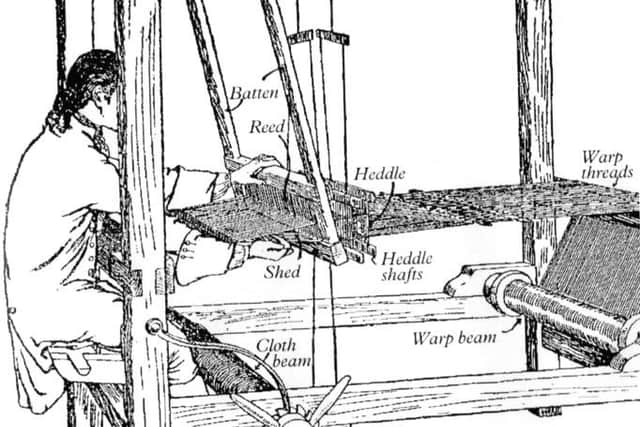 TEXTILE TRADE A drawing of an handloom of the type that was common in Burnley in the 17th Century. This one is based on a Scottish model. Burnley looms may have been a little smaller than this one. (s)