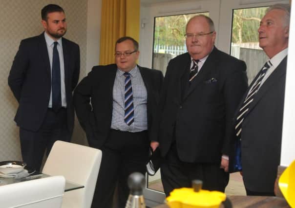 Secretary of State Eric Pickles MP with Tim Webber, Coun. Joe Cooney and  Pendle MP Andrew Stephenson during his visit to Brierfield Mills.