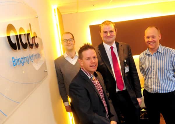 MP Andrew Stephenson (third from left) with (from left) head of operation Alistair Toward, CEO Gareth Frankland and design director Dan Hodgson at acdc in Barrowford. Photo Ben Parsons