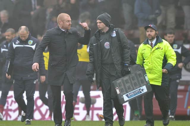 Burnley's Manager Sean Dyche  has words with the 4th official at half time Photographer Dave Howarth/CameraSportFootball - Barclays Premiership - Burnley v West Bromwich Albion - Sunday 8th February 2015 - Turf Moor - Burnley© CameraSport - 43 Linden Ave. Countesthorpe. Leicester. England. LE8 5PG - Tel: +44 (0) 116 277 4147 - admin@camerasport.com - www.camerasport.com