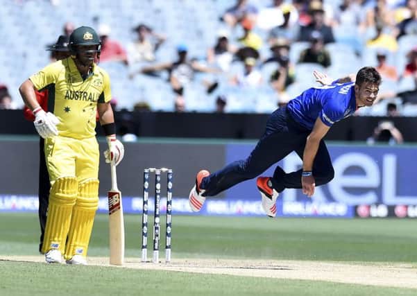 James Anderson bowls during their cricket world cup pool A match in Melbourne, Australia