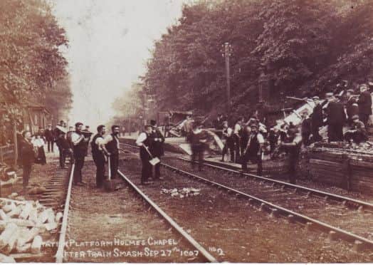 A Richard Broughton postcard of the platform at Holme Chapel Railway Station after the train smash of September 27th, 1907 (s)
