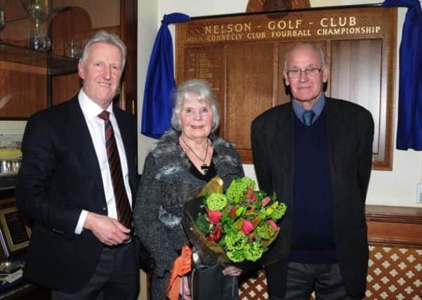 Club captain Ian Brennan, Sandra Connelly and Jimmy Robson at the unveiling of the new board at Nelson Golf Club (S)