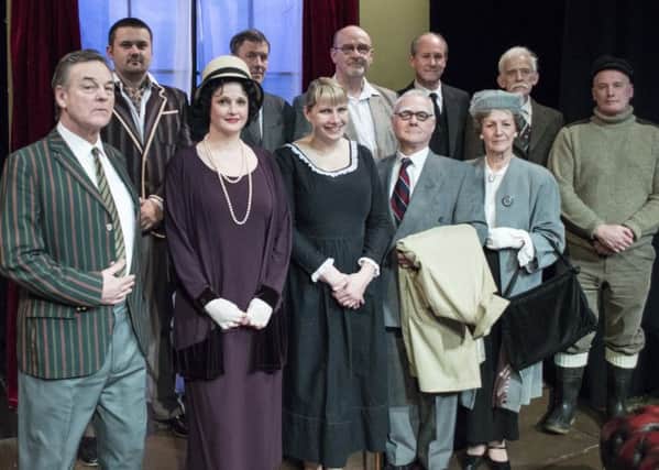 Dress rehearsal for "And Then There Were None" by The Garrick. Back - Left to right: Kevin Kay, Neil Tranmer, David Kendrick, Ken Entwistle, Nigel Catterall, Terry Atkinson. Front: L-R: Steve Cooke, Andrea Cawley, Val Sparkes, David Pilkington, Kathleen Riley (s).