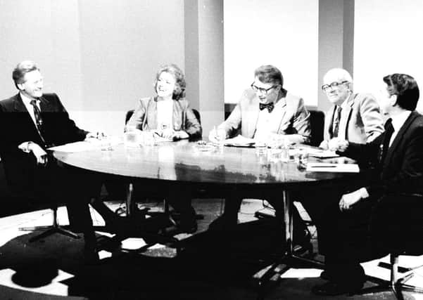 1983 photo of of television presenter Sir Robin Day (3rd Left) presenting Question Time with (L-R) Michael (now Lord) Heseltine, Ann Leslie, Michael Foot and Lord Steel of Aikwood.
