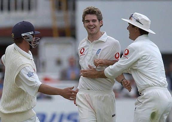 Jimmy Anderson celebrates his first Test wicket