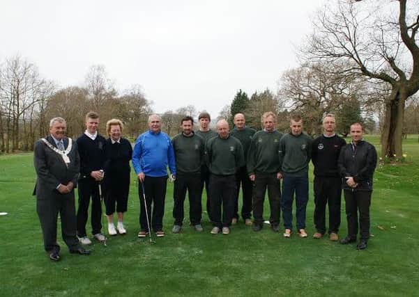 Pictured are the Mayor of Ribble Valley Michael Ranson, Junior Captain Sam Geddes, Lady Captain Trudy Walne, Captain Ian Walsh, the Greens Staff, Head Greenkeeper Andrew Geddes and the Professional, Paul McEvoy at Clitheroe, as the second and fifth holes are reopened at the club (s).