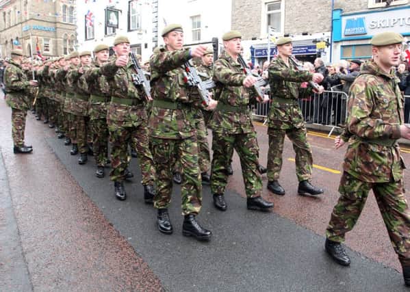 Duke of Lancaster's Regiment march through the streets of Clitheroe as they receive the Freedom of the Ribble Valley.