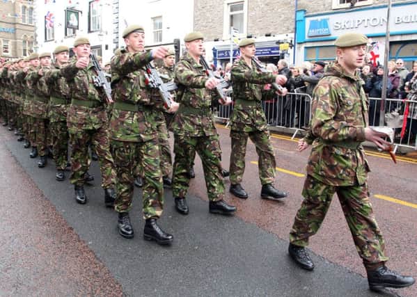 Duke of Lancaster's Regiment march through the streets of Clitheroe as they receive the Freedom of the Ribble Valley.