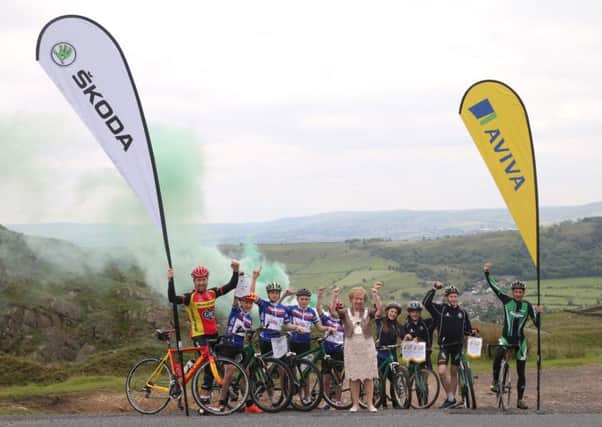 The Mayor of the Ribble Valley, Coun. Bridget Hilton and cyclist Ian Wilkinson and Paul Oldham with students from Ribblesdale High School and Pendle Vale College at the launch of the Stage 2 Tour of Britain.