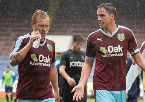 Scott Arfield and Michael Duff have words at half-time - Burnley 2, Bradford City 0 - Turf Moor, August 1st 2015