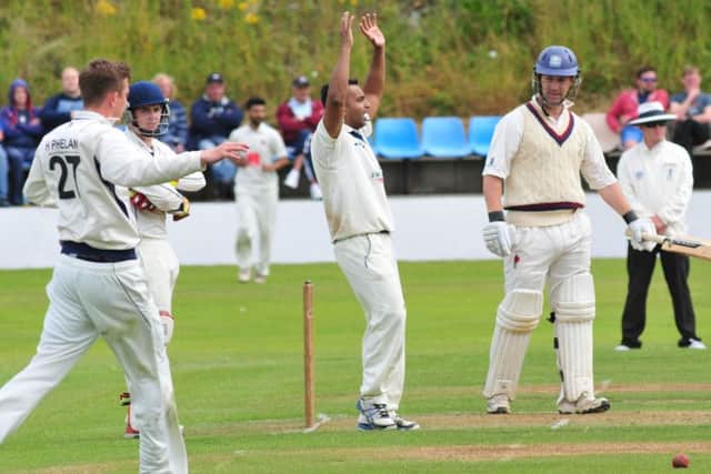 Photo: David Hurst
Worsley Cup Final between Nelson CC V Burnley CC at Nelson Cricket Club.
Nelson's appeal to call Burnley's David Brown LBW falls on deaf ears