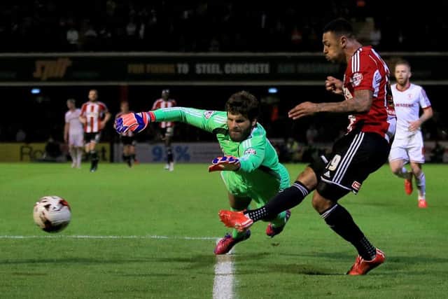 Andre Gray scoring for Brentford against Middlesbrough in the Championship play-offs last season