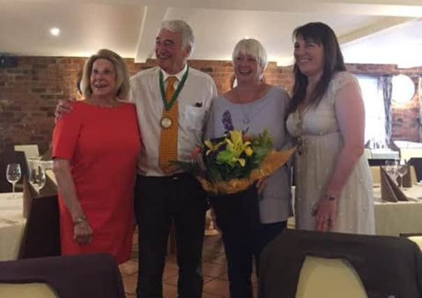 Francoise and Anthony Oldcorn at his 80th birthday celebration with his sister-in-law Carol Oldcorn and Longridge mayor Coun Sarah Rainford.