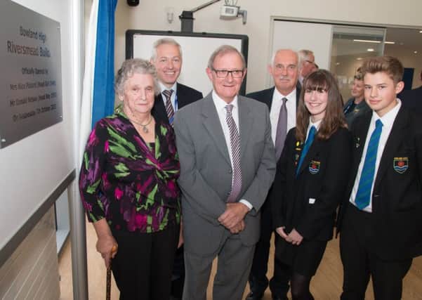 Mrs Alice Pickard and Mr Donald Nelson who offically opened the new Riversmead building at Bowland High School with head teacher John Tarbox, chair of govenors John Robinson and current head girl Alice Schofield and head boy Matt Walthaus.