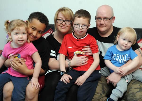 Layton Robinson-Bancroft, nine, from Golborne, who has a terminal condition, Mitochondrial disease, pictured with his family, from left, Tillie Robinson-Burtonwood, three, Tyrese Robinson, 11, Stacey Burtonwood, Layton Robinson-Bancroft, nine, James Burtonwood and Logan Robinson-Burtonwood, one