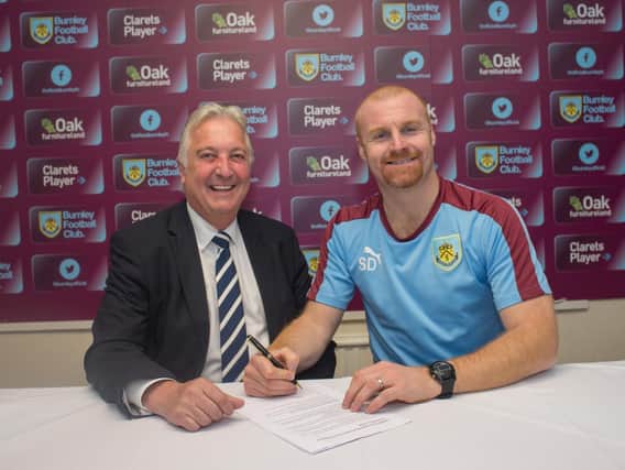 Tim Webber and Sean Dyche are pictured signing the sponsorship deal for the Barnfield Training Academy