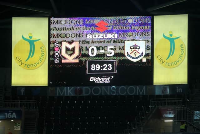 The scoreboard reflects Burnley's dominance at Stadium MK