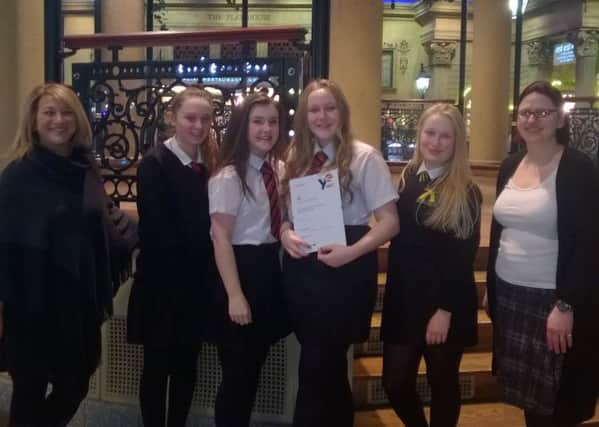 Sally Hopkins (Young Enterprise Manager, Lancashire), Lucy Trickett, Becca Bartle, Becky Baker, Tia Fegan and Sarah Tinsley (Young Enterprise Manager, Lancashire) receiving their award at the Trafford Centre.