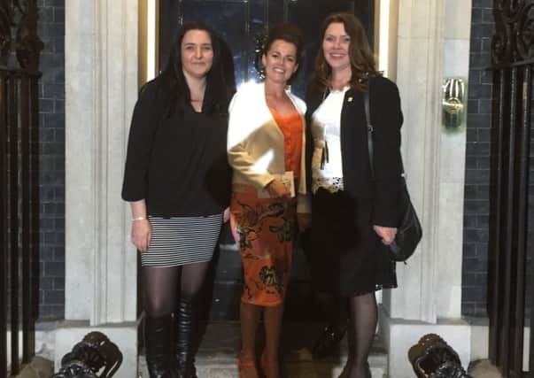 Well done ladies: (From left to right) Katei Blezard, Kellie Hughes and Gillian Darbyshire pictured outside Number 10 after their thank you reception.