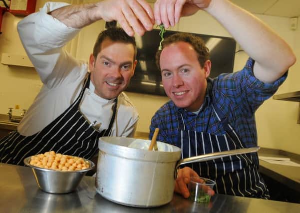 NELSON  08-04-16
Reporter Will Cook, right, with head chef Mark Taft, left, on the Perfect Pasta course, held at the catering department at Nelson and Colne College.