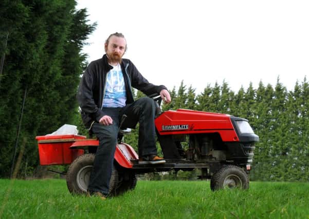 James Swinburne was caught riding a lawnmower along the pavement at Tag Lane at 4am