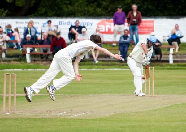 Anthony Farran 12.07.2015 Lowerhouse CC v Burnley CC, Worsley Cup semi-final played at Lowerhouse CC, Pictured; Burnley Bowler Tom Lawson and Lowerhouse Batter Corbis Pienaar.