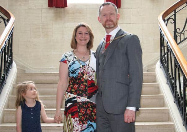 NEW MAYOR: Padiham Town Mayor Coun. James Kirk, wife Melanie and daughter Sophie (PIC: Howard Hudson)