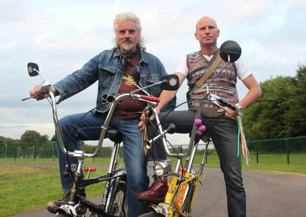 Billy Dixon (left) on his Chopper-style bike in the run up to Colne Grand Prix in 2014. (S)