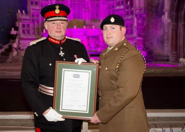 Pte Sam O'Donnel and Warren Smith, Her Majestys Lord-Lieutenant for Greater Manchester