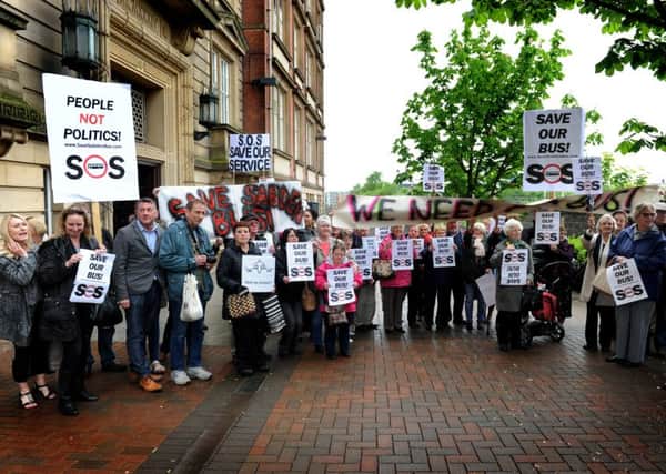 Dozens of residents of Sabden demonstrate outside County Hall, Preston, after their one and only bus service was axed. Picture by Paul Heyes, Thursday May 26, 2016.