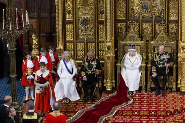 Queen Elizabeth II sits beside her husband, the Duke of Edinburgh,  with Duchess of Cornwall and the Prince of Wales, as she delivers her speech during the State Opening of Parliament. Photo: Justin Tallis/PA Wire