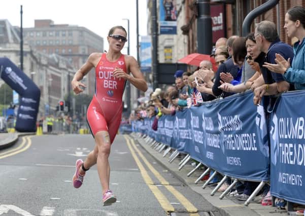 Second placed Flora Duffy during the run.
Competitors in the Elite Women's race Columbia Threadneedle World Triathlon, Leeds, on the Headrow.  12 June 2016.  Picture Bruce Rollinson