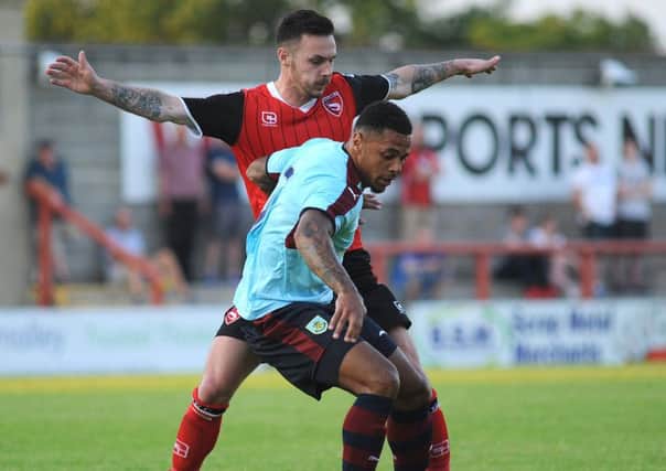 Action and stock from Morecambe v Burnley pre-season friendly, at the Globe Arena.
Burnley's Andre Gray shields the ball.  PIC BY ROB LOCK
19-7-2016