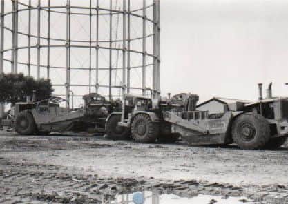 Earth moving equipment at Oswald Street Gas Works in February, 1981.