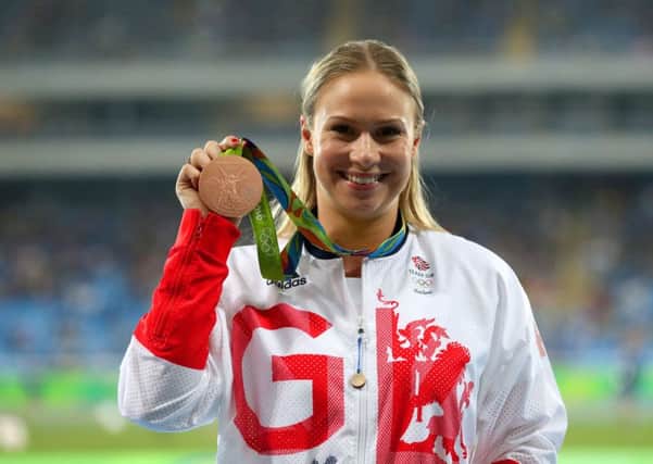 Great Britain's Sophie Hitchon is presented with the Bronze medal for the Women's Hammer Throw at the Olympic Stadium on the tenth day of the Rio Olympics Games, Brazil. Picture date: Monday August 15, 2016. Photo credit should read: Mike Egerton/PA Wire. EDITORIAL USE ONLY