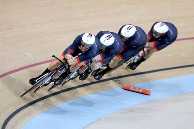 Great Britain's Ed Clancy, Steven Burke, Owain Doull and Sir Bradley Wiggins (front) during the men's Men's Team Pursuit Qualifying at the Rio Olympic Velodrome on the sixth day of the Rio Olympics Games, Brazil.  Martin Rickett/PA Wire.