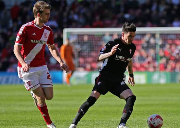 Middlesbrough FC v Rotherham United - SkyBet Championship - 11th April 2015 - Rotherham's Adam Hammill gets the better of Patrick Bamford