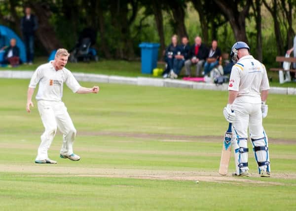 Anthony Farran 12.07.2015 Lowerhouse CC v Burnley CC, Worsley Cup semi-final played at Lowerhouse CC, Pictured; Burnley Bowler Chris Holt and Lowerhouse Batter Charlie Cottam.