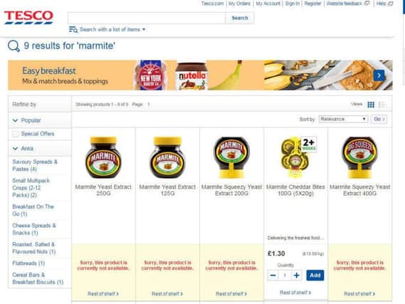 Screengrab of the Tesco website showing Marmite unavailable after a pricing row between the supermarket chain and Unilever