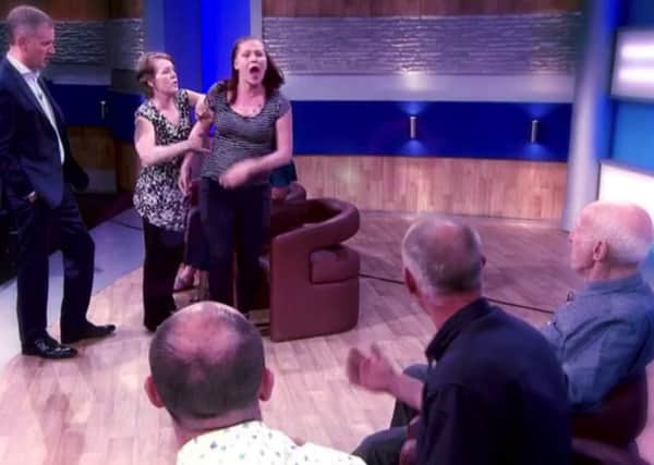 Sara Worrall (centre) confronts her abuser, stepfather Gordon Heaton (far right) on the Jeremy Kyle show