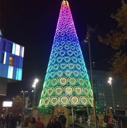 The giant Christmas tree on top of Bar Hutte in Liverpool ONE