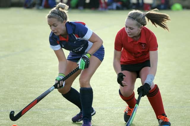 Hockey action from Lytham Ladies (blue and white) v Pendle Forest, at AKS School.
Livvy Hawtin for Lytham.  PIC BY ROB LOCK
14-1-2017