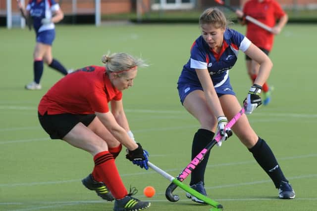 Hockey action from Lytham Ladies (blue and white) v Pendle Forest, at AKS School.
Georgina Read for Lytham.  PIC BY ROB LOCK
14-1-2017