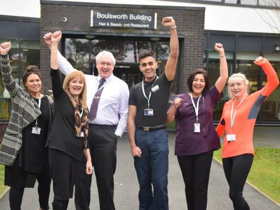 From left: Johdi Dinsdale (PGCE student), Nelson and Colne College Vice Principal Alison Rushton, Director of Higher Education Steve Wright, Waqar Naweed (former PGCE student now Engineering lecturer), and Louisa Shuttleworth and Alexis Turner (PGCE students). Photo: NAZ ALAM
