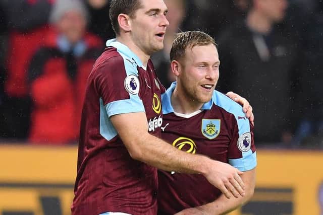 Sam Vokes celebrates his late goal with Scott Arfield