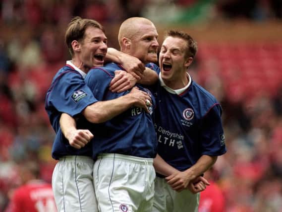 Sean Dyche celebrates scoring a penalty for Chesterfield against Middlesbrough to make it 2-0