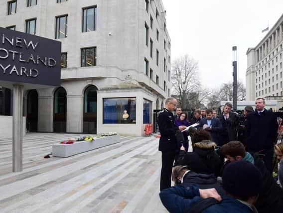 Mark Rowley, Acting Deputy Commissioner of the Metropolitan Police, speaks to the media outside New Scotland Yard in London, as arrests connected to the Westminster terror attack were made across the country